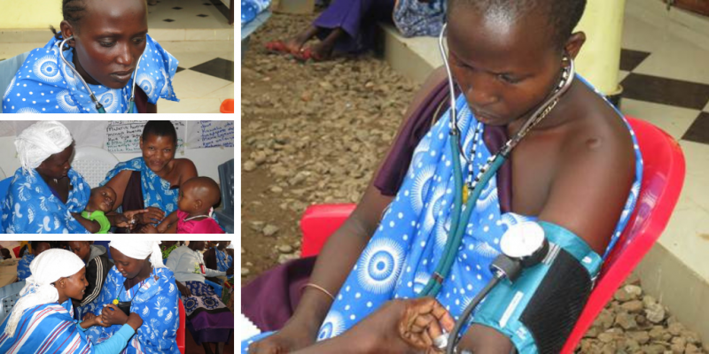 Maasai Community Health workers practice checking pulses & taking blood pressure readings. Same District, Northern Tanzania